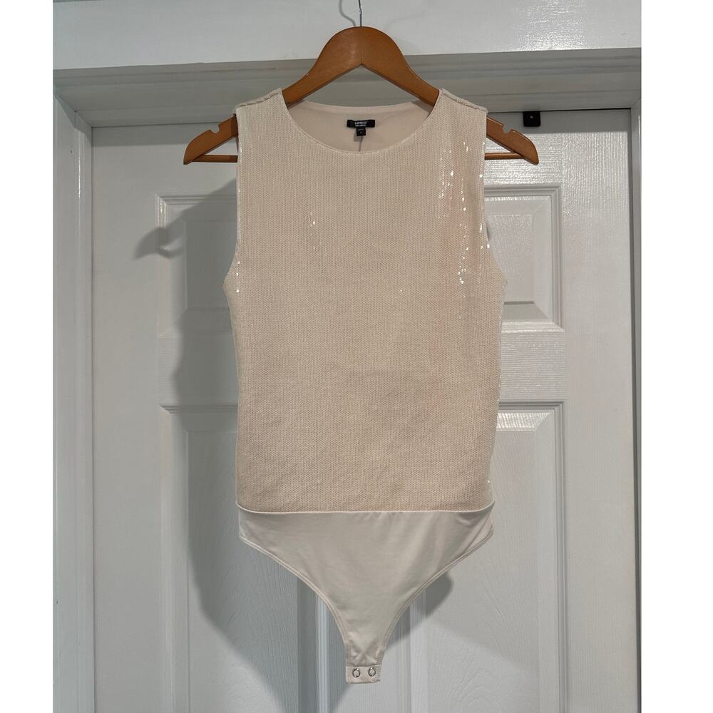 Express Body Contour Cream Sequin Sleeveless Bodysuit Women's Size S
